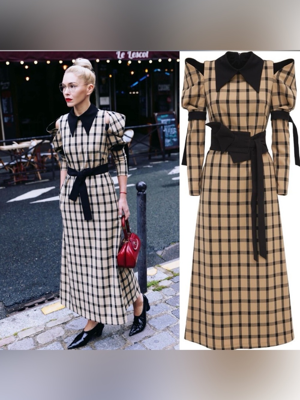 Checked Maxi Dress with Contrasting Black Collar and Waist Tie